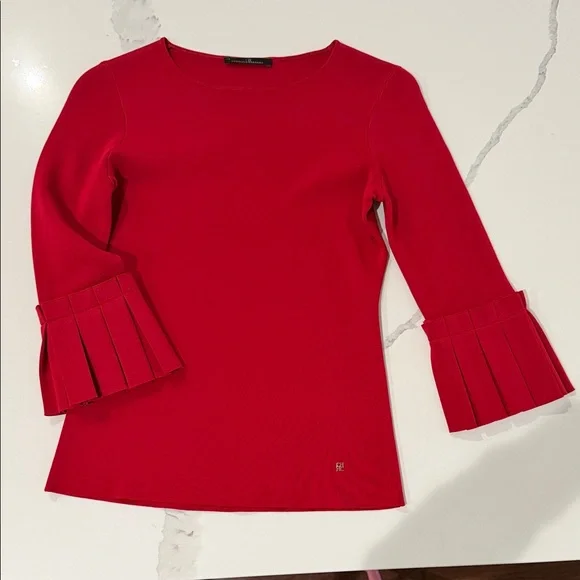 Carolina Herrera Cherry Red Pleated-Cuff Long Sleeve Top - Picture 1 of 8